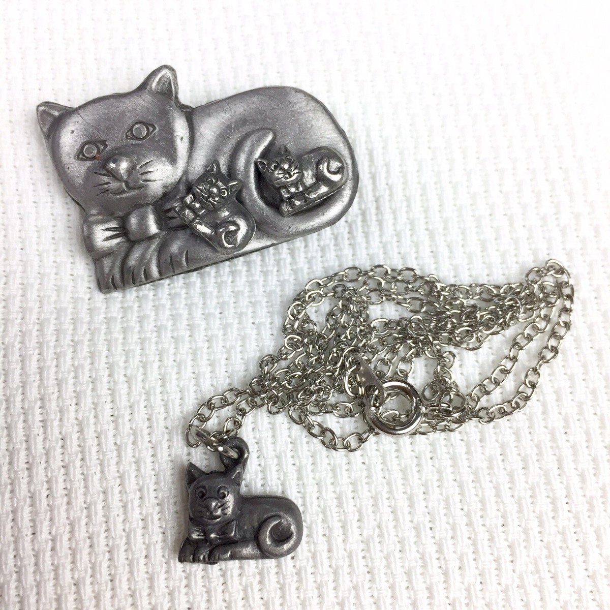Vtg Torino Pewter Kitty Cat Pin Brooch Earrings Necklace Jewelry
