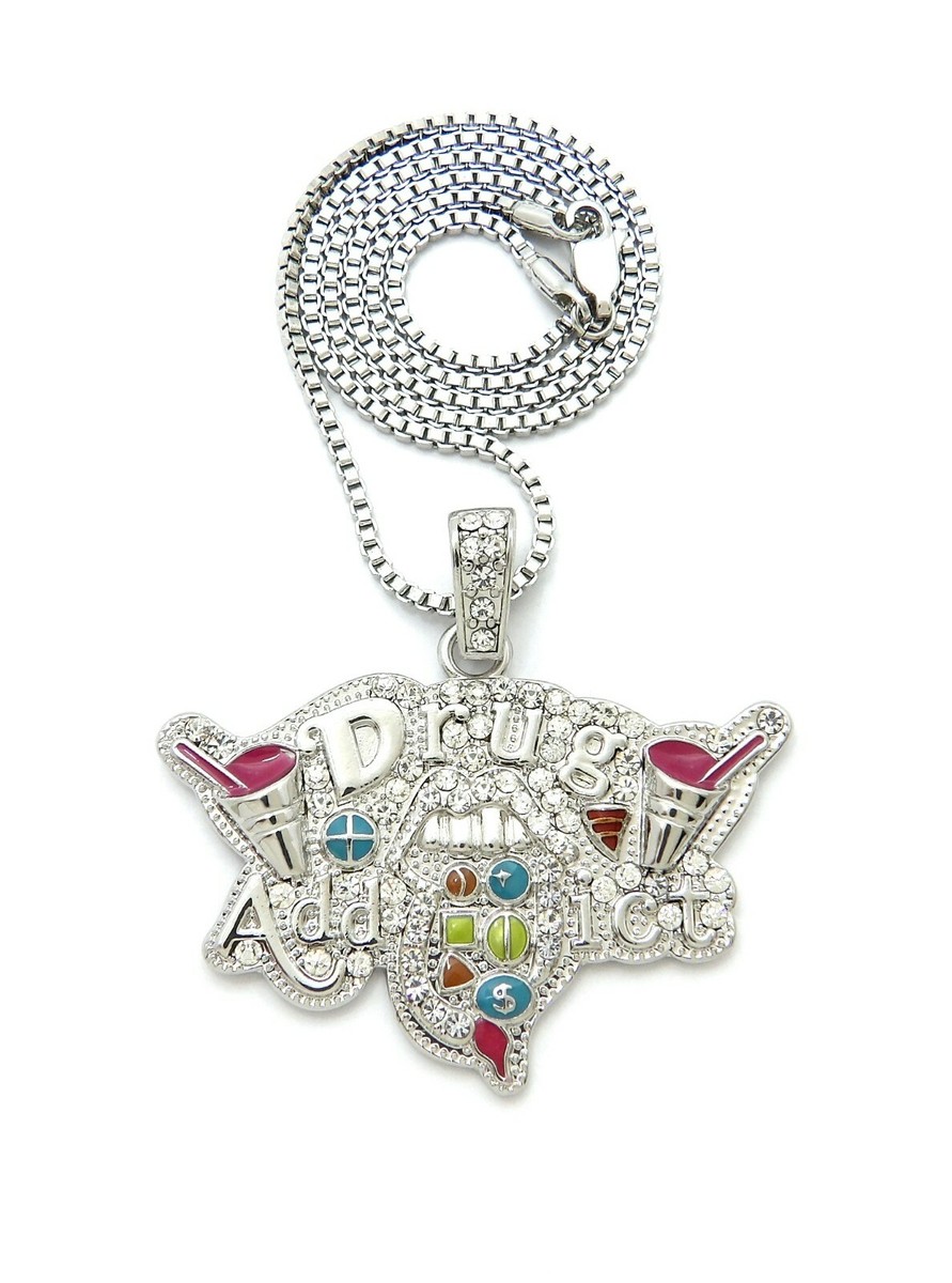 Silver PT Icy Lil Pump DRUG ADDICT Pendant Box Cuban Rope Chain