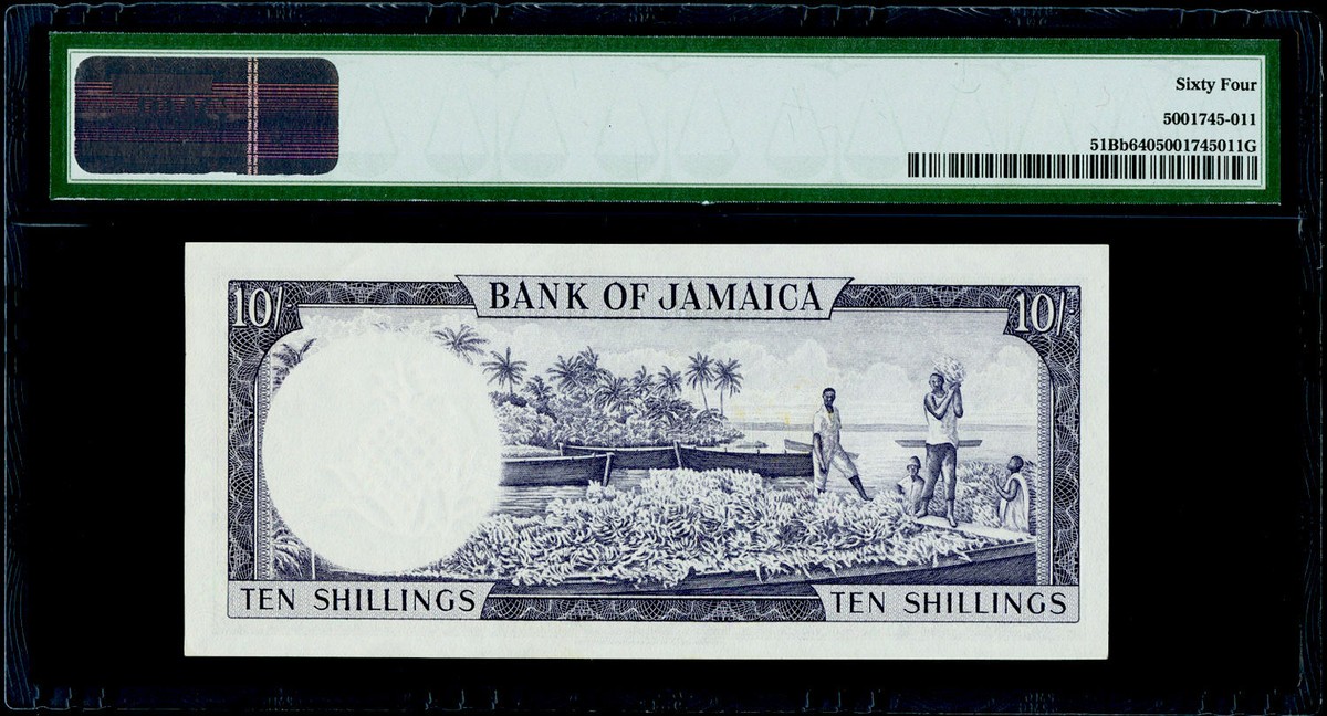 10/- Shillings 1960 Jamaica, Bank of Jamaica Pick# 51Bb PMG 64