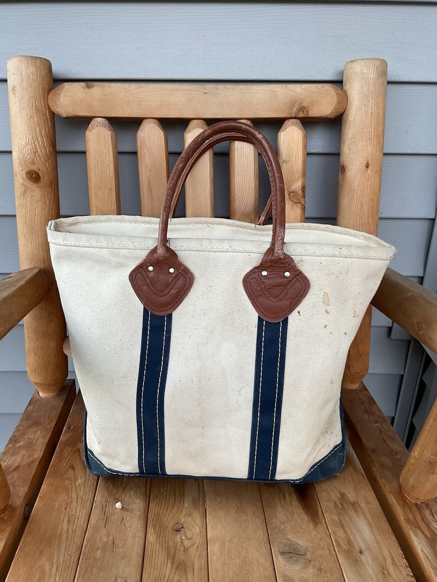Vintage 1980s LL Bean boat and tote Canvas Leather Handles Blue