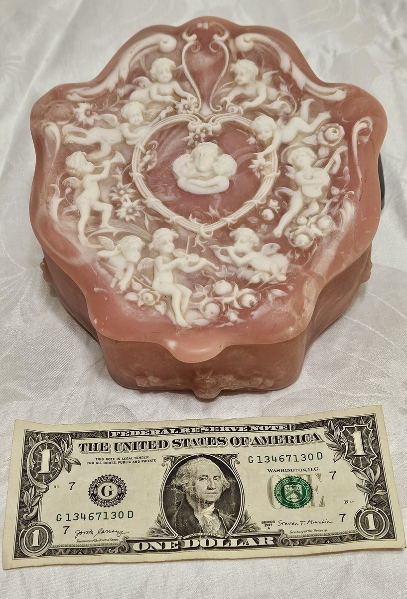Vintage Genuine Incolay Stone Jewelry Trinket Box Cherubs