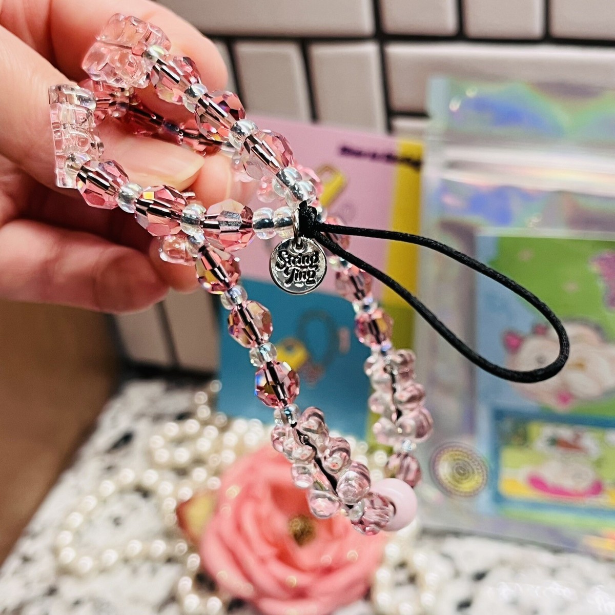 String Ting London Bear-y Rose Drip Crystal Wristlet Phone Strap