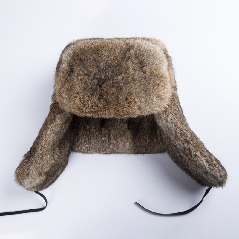 Mens Winter Real Genuine Rabbit Fur Hat Russia Trapper Earflap Ski