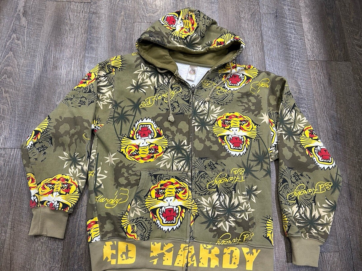 Ed Hardy by Christian Audigier Tiger AOP Graphic Zip Up Hoodie