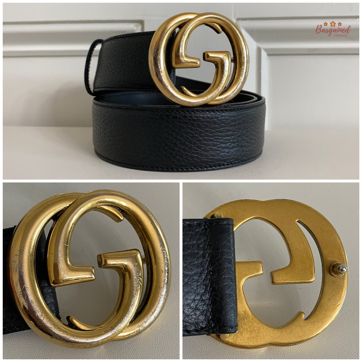 Authentic Gucci Black Pebbled Leather Gold Interlocking G Buckle