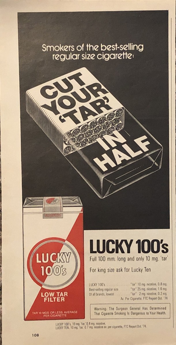 1974 Lucky Strike 100s Cigarettes PRINT AD Cut Your Tar In Half