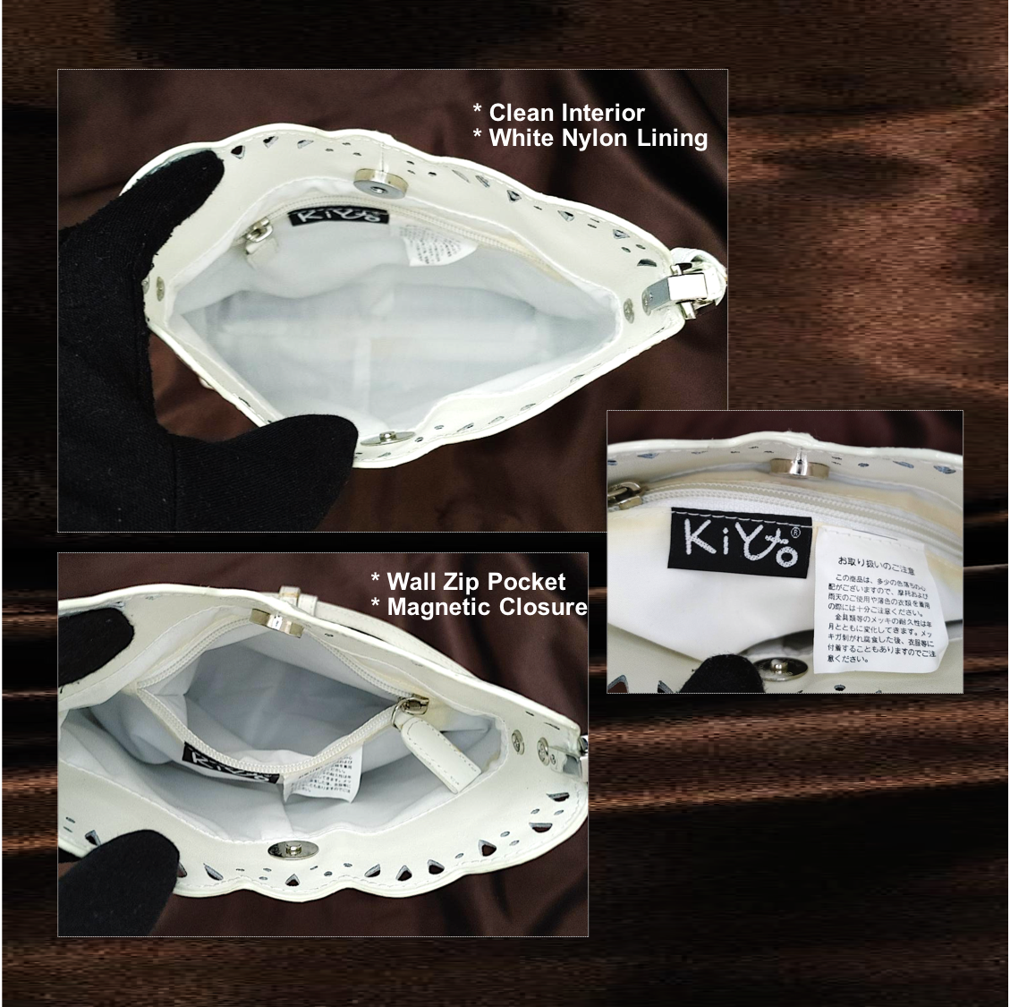 KIYTO Japan White Leather Satchel Perforated Scalloped Edge