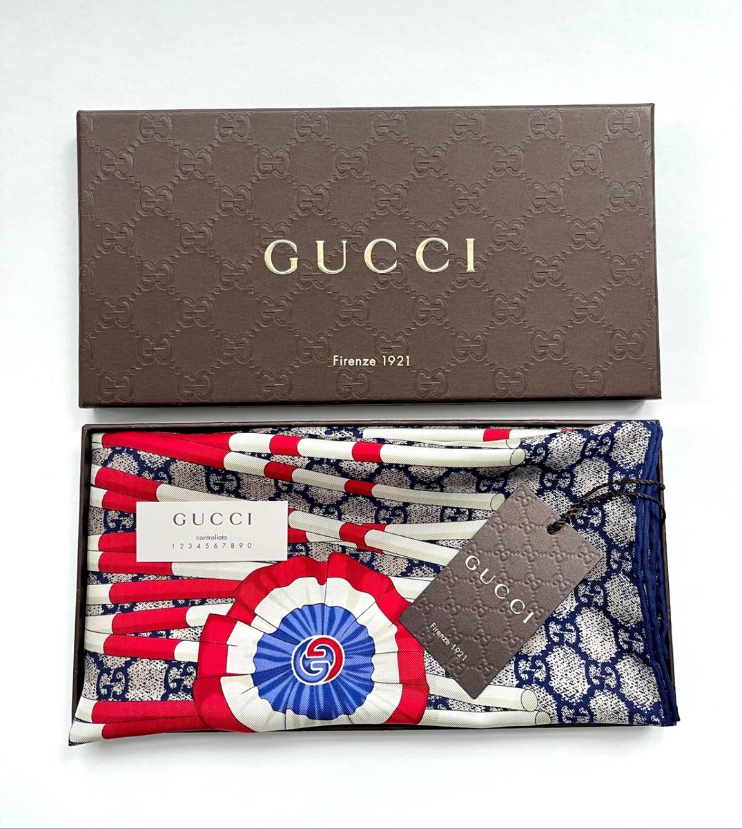 New Unisex Gucci Scarf GG Logo Club Blue Bandana Headband Silk