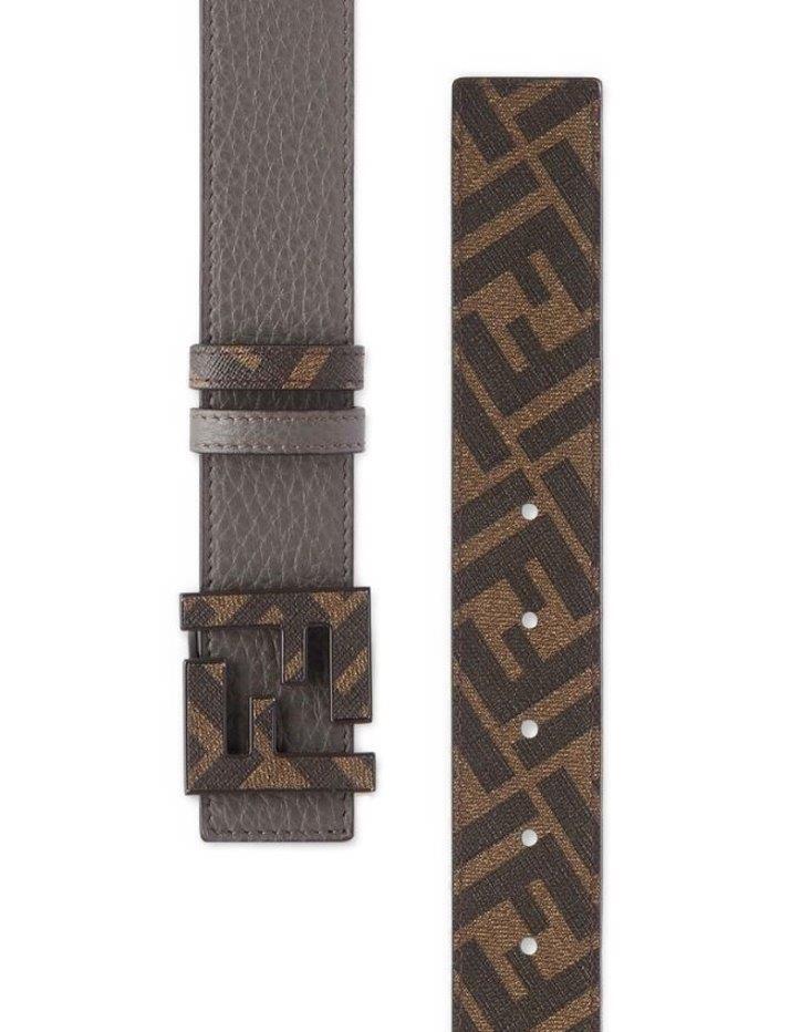 NEW FENDI FF GRAY LEATHER REVERSIBLE CANVAS FF BUCKLE DRES BELT