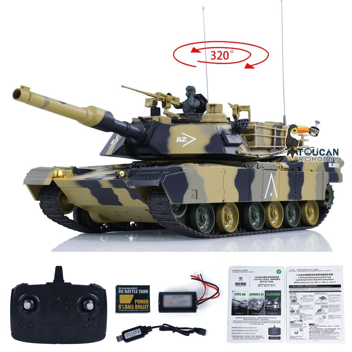 Heng Long 1/24 RC Tank Abrams M1A2 3816-2 2.4G Remote Control IR