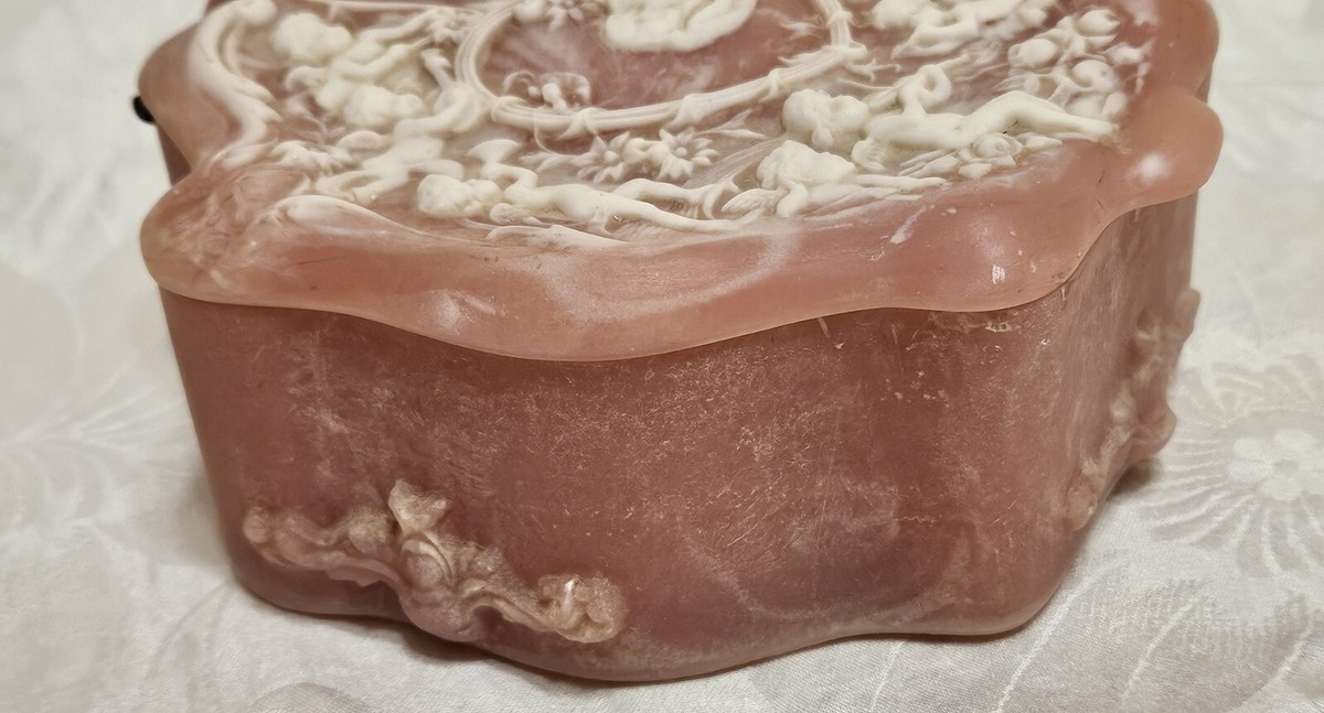 Vintage Genuine Incolay Stone Jewelry Trinket Box Cherubs