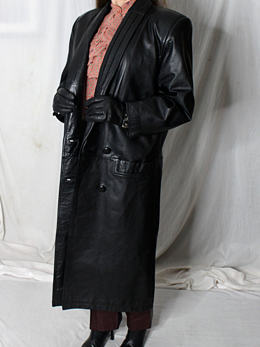 Womens Leather Trench Coat Black S-M Long Lambskin Vintage 80s 90s