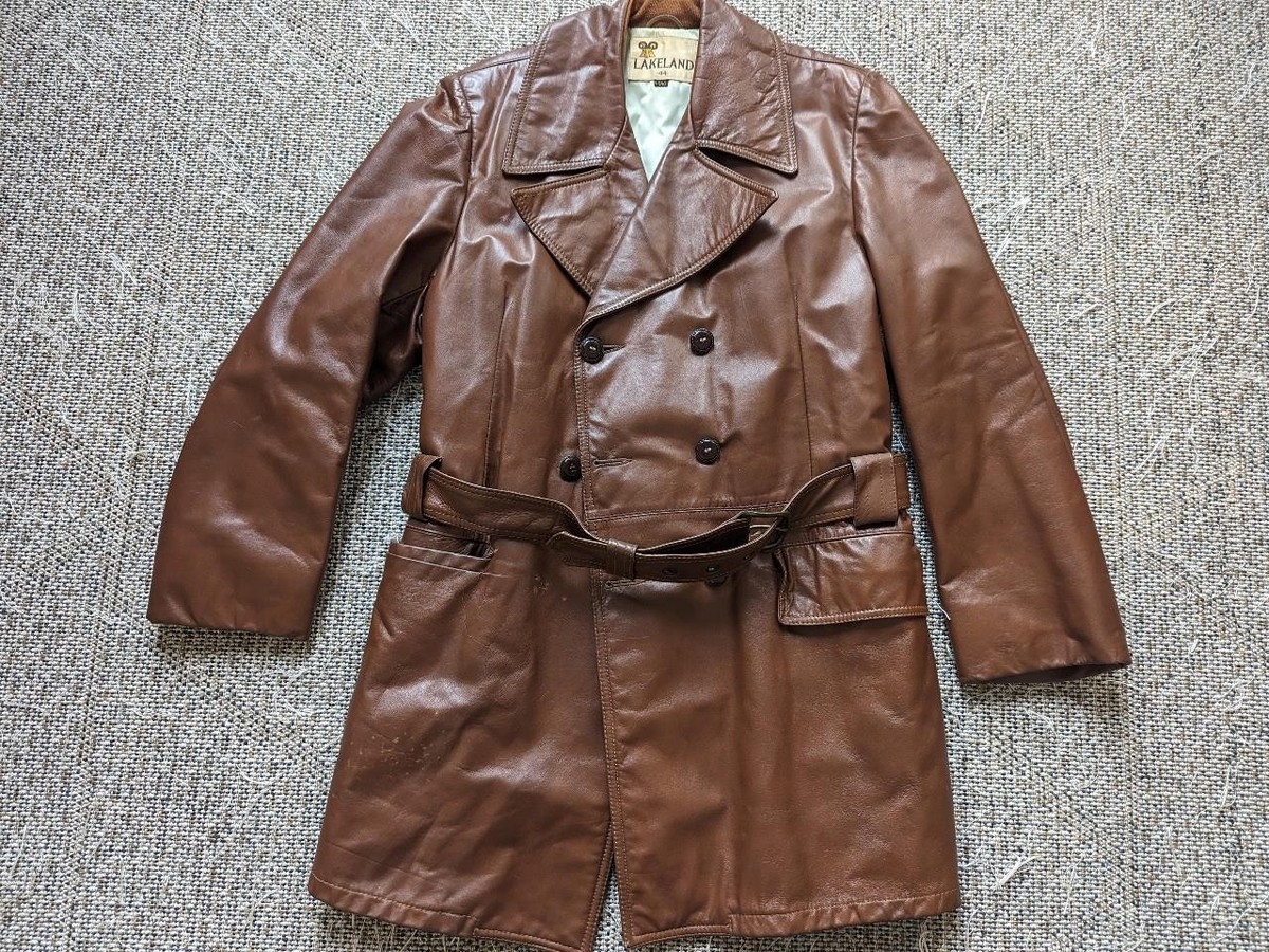 vintage USA made TRENCH COAT brown leather 44 barnstromer BELTED