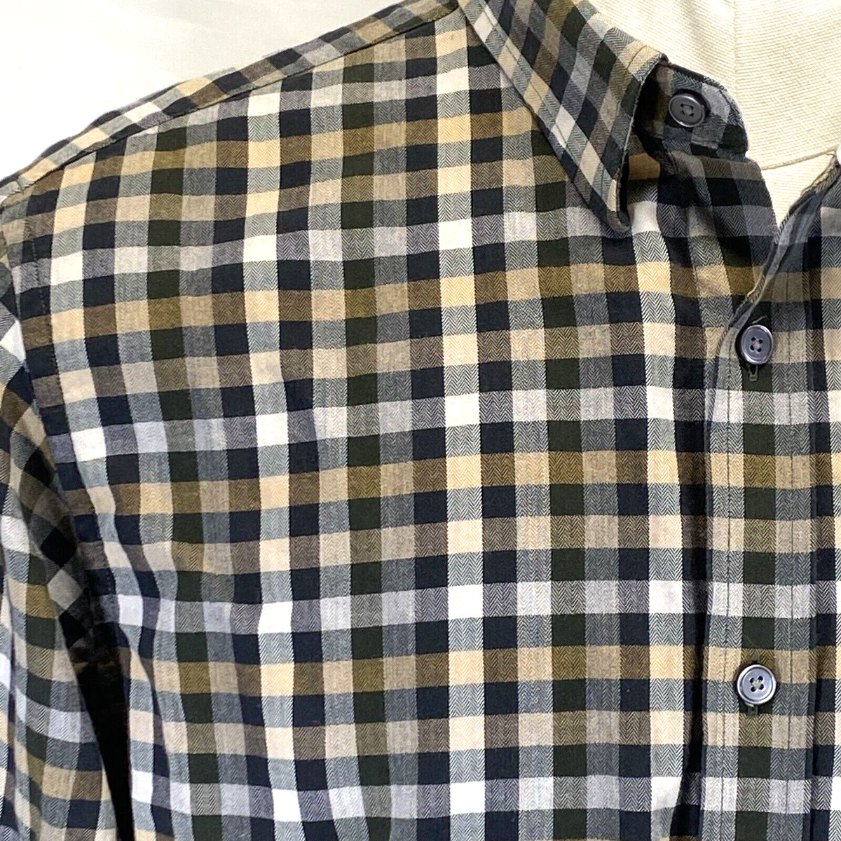 Banana Republic Shirt Mens Sz L (16.5x35) Green/Tan Slim Fit Long