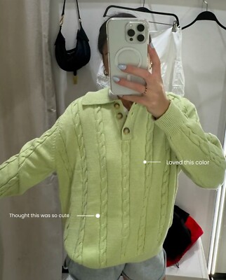 New ZARA LIME CABLE KNIT POLO COLLAR SWEATER Size M 6427/033 SS24