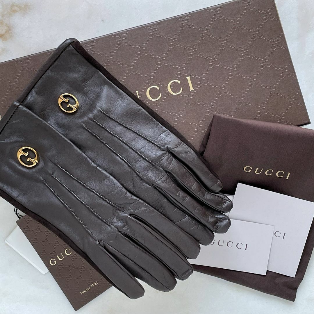 Unused Gucci GG Interlocking Leather Gloves Brown Women Size 7 1/2