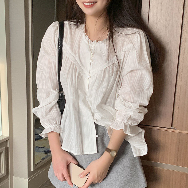 Korean Lady Lace Tops Blouse Button Elegant Casual OL Shirts