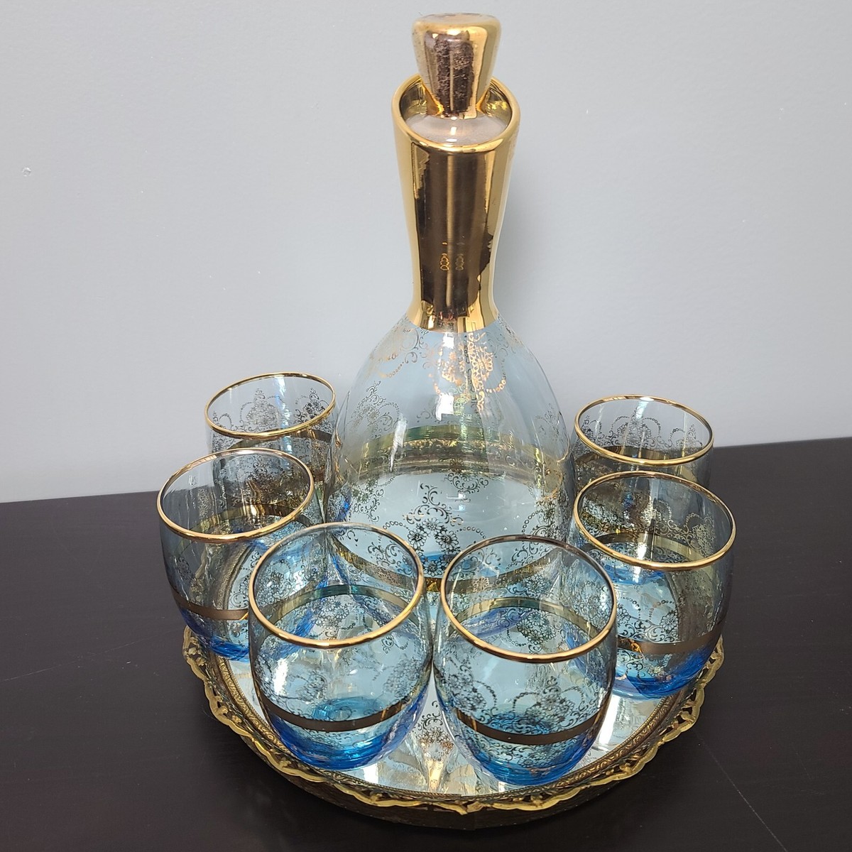 Vintage Murano Italian Blue & 22K Gold Blown Glass Wine Decanter