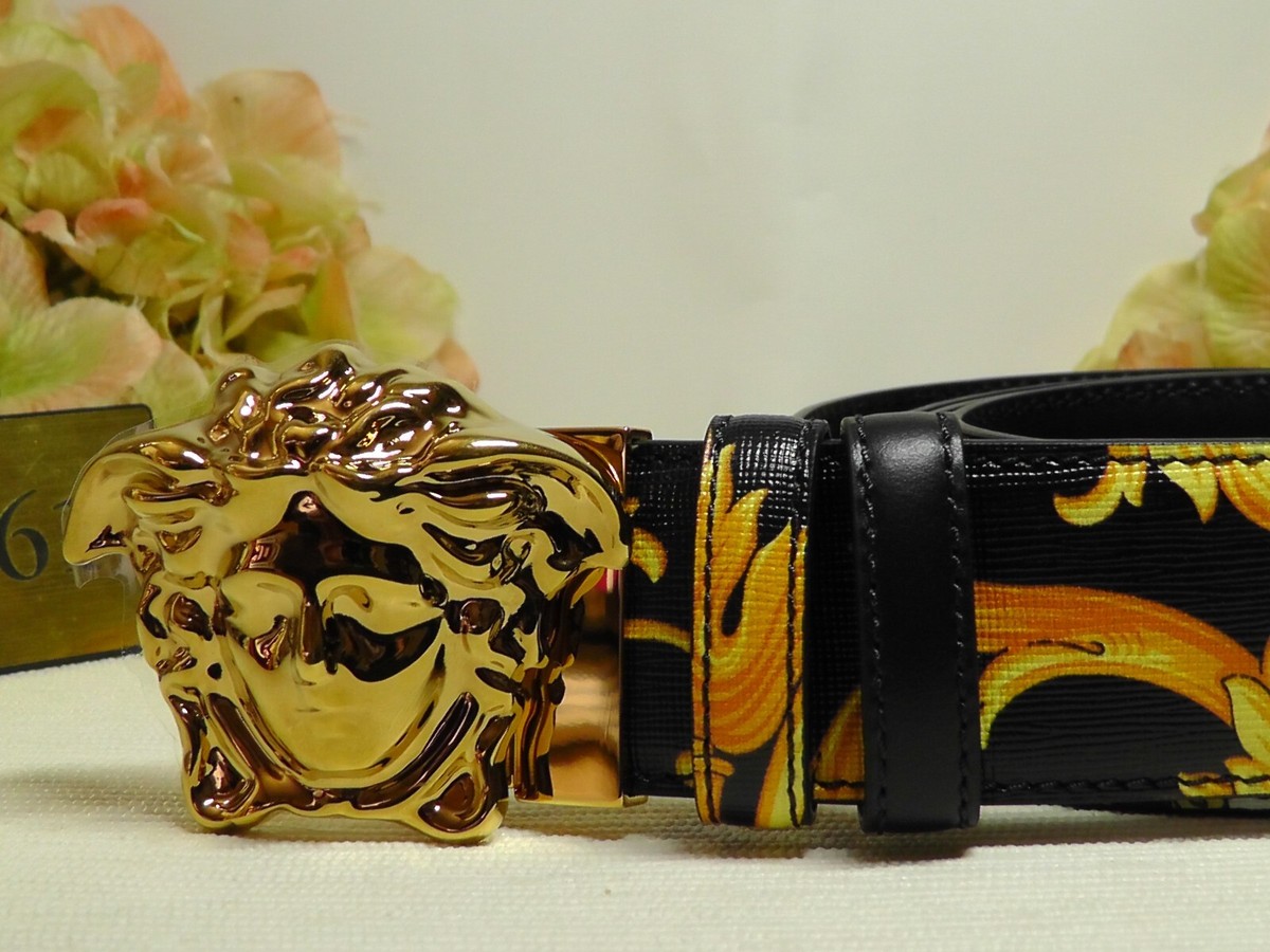 VERSACE Gold/Black Heritage Medusa Buckle Reversible Leather Belt