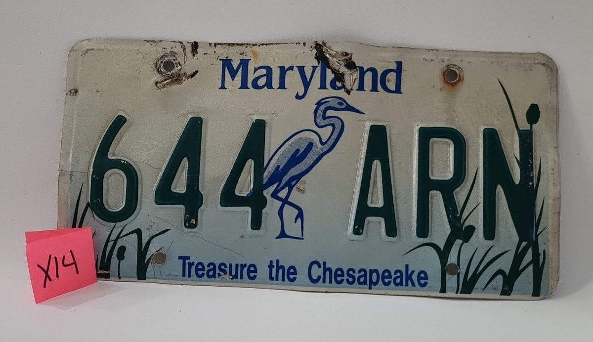 Vintage Maryland License Plate 644 ARN Cheapsake Blue Heron Damged