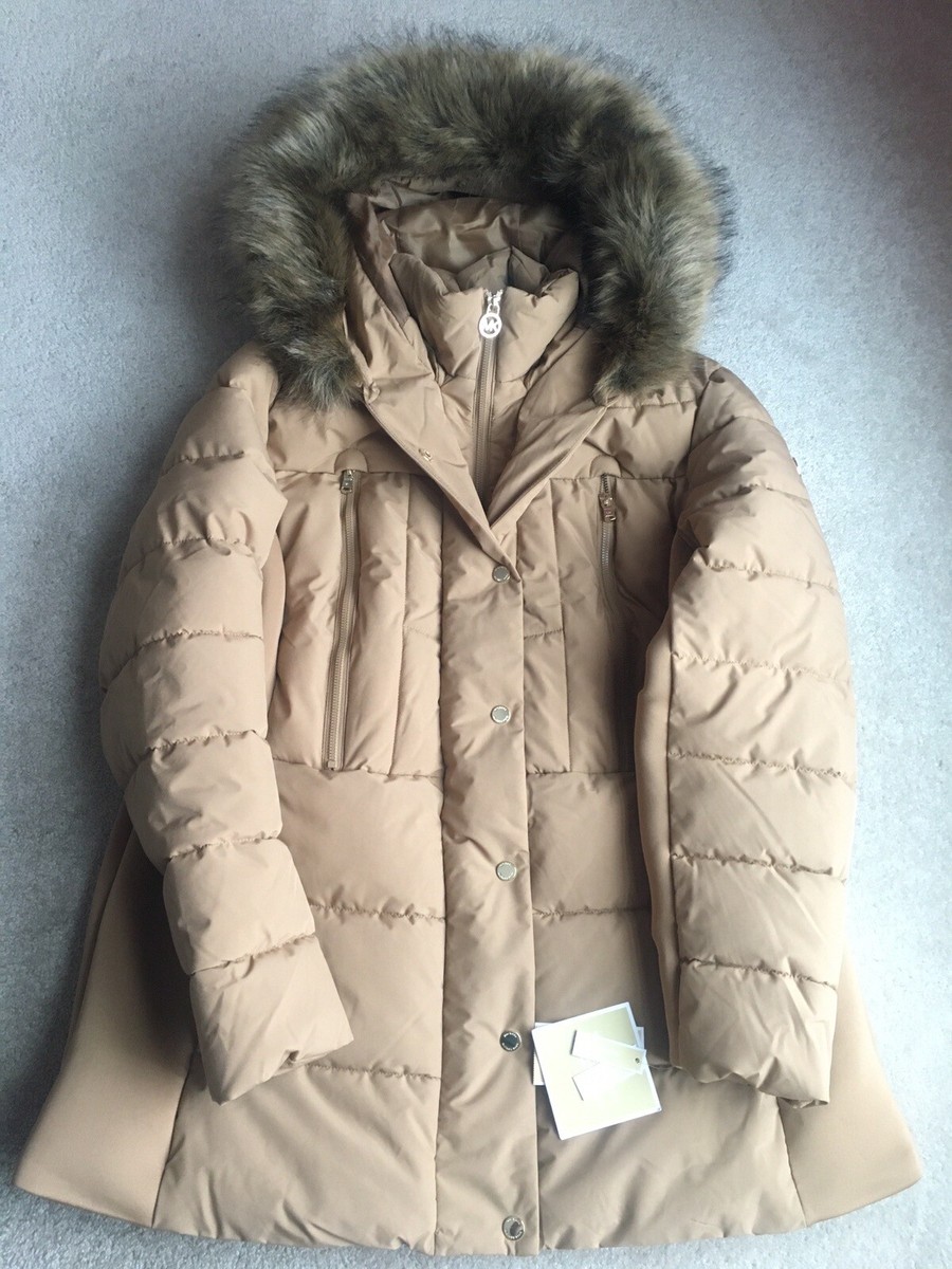 Michael Kors Womens Hooded Faux Fur-Trim Bib Puffer Coat Jacket
