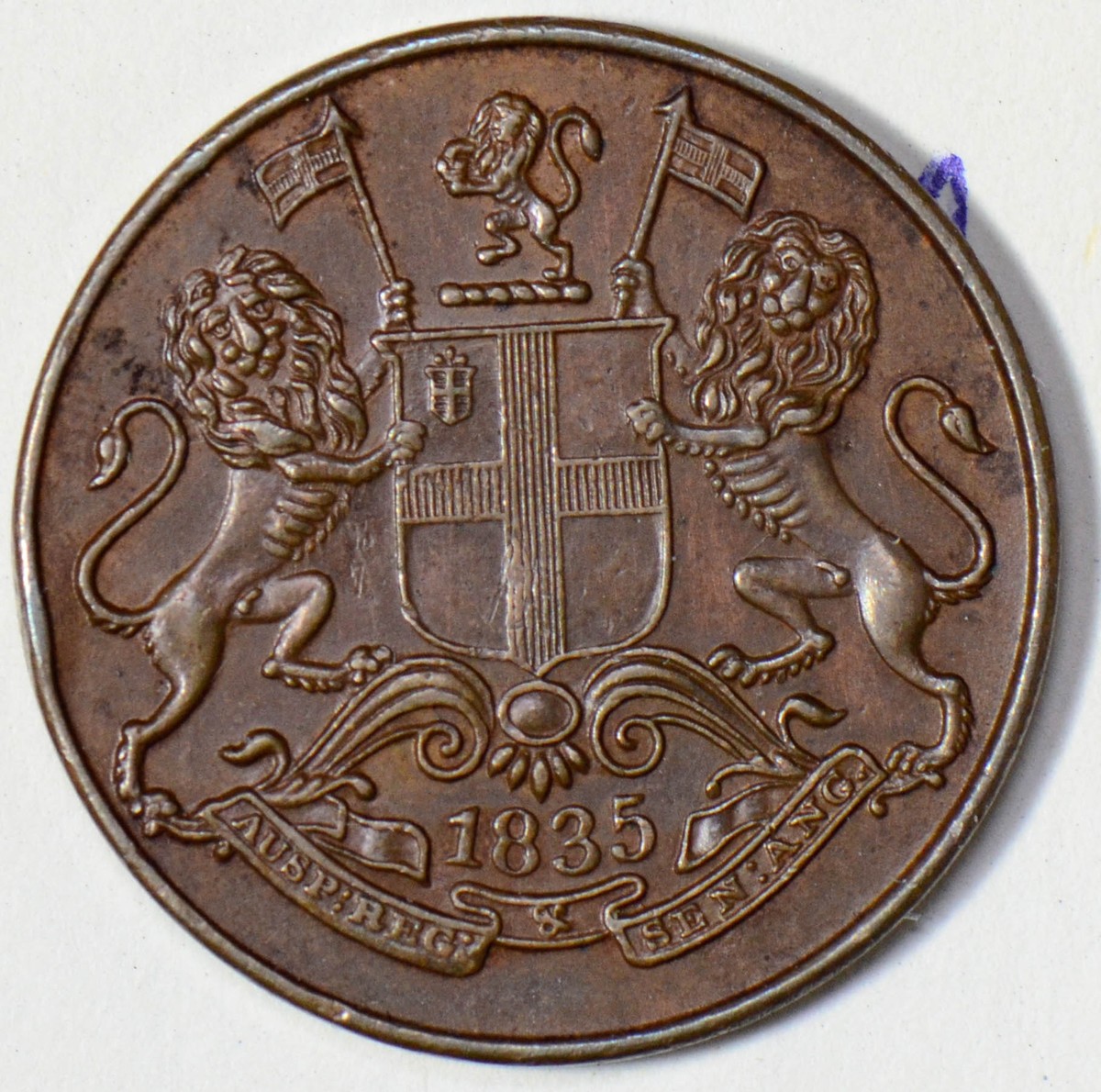 British India 1835 1/4 Anna lion Bengal Calcutta 18 berries