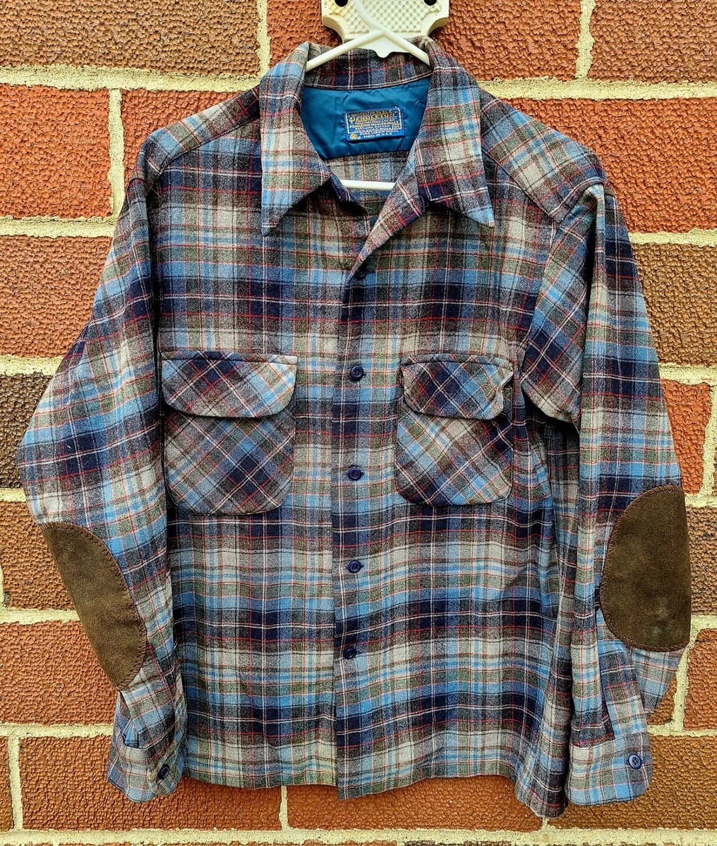 Vintage Pendleton Blue Plaid Button Up Wool Leather Size M Board
