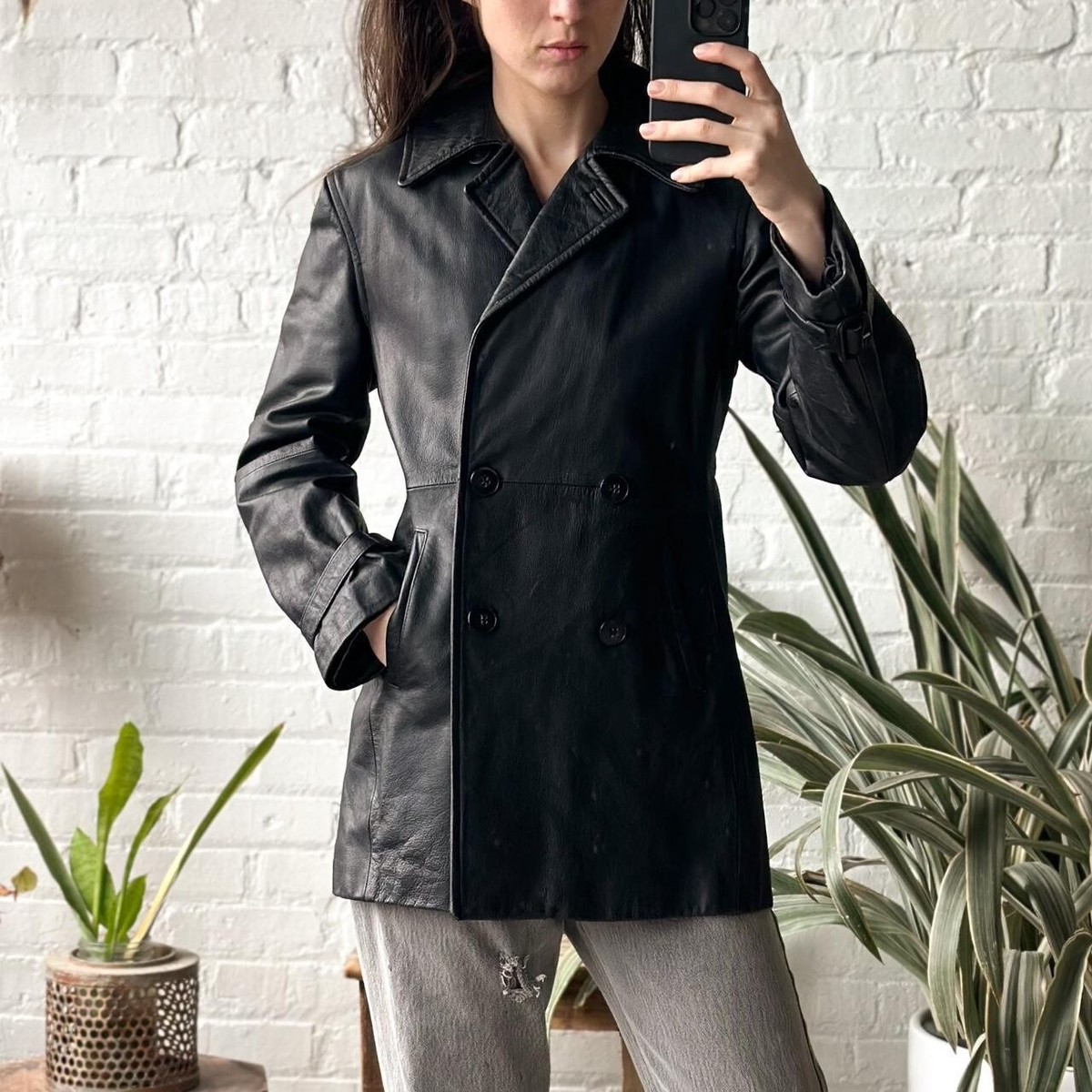 Emporio Armani vintage 90s black genuine leather short trench