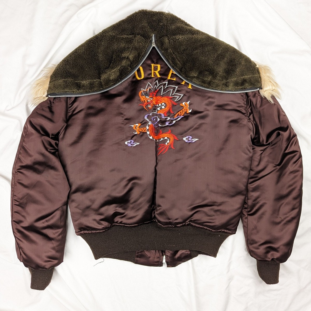 70s 80s Vintage Korea Souvenir Jacket faux Fur Split Hood Dragon