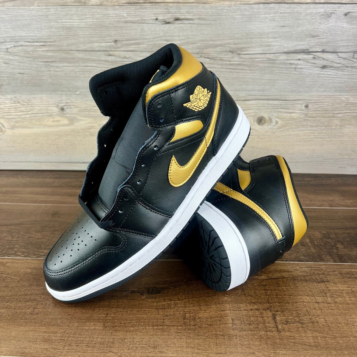Air Jordan 1 Mid Black Metallic Gold Mens Size 12 Whitec | eBay