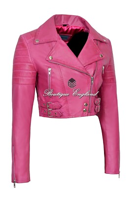 Ladies Short Body Leather Jacket Fuchsia Pink Biker Style 100