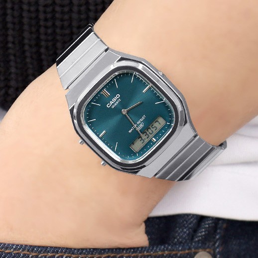 Casio AQ-240E-3ADF Watch Digital Analog Metal Band Silver Blue