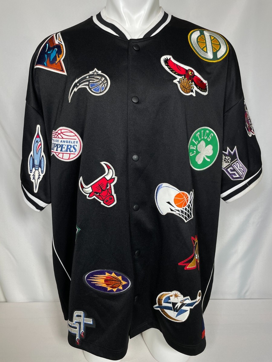 VTG NBA Majestic All Over Print Team Logos Black Warm Up Jersey
