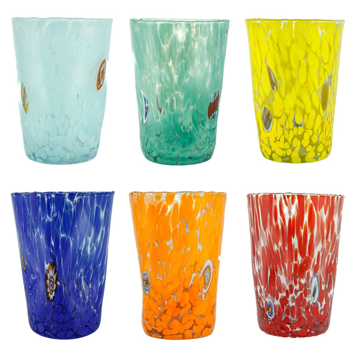 Murano Glass Drinking Tumblers Set of Six 6 Blue Orange Green