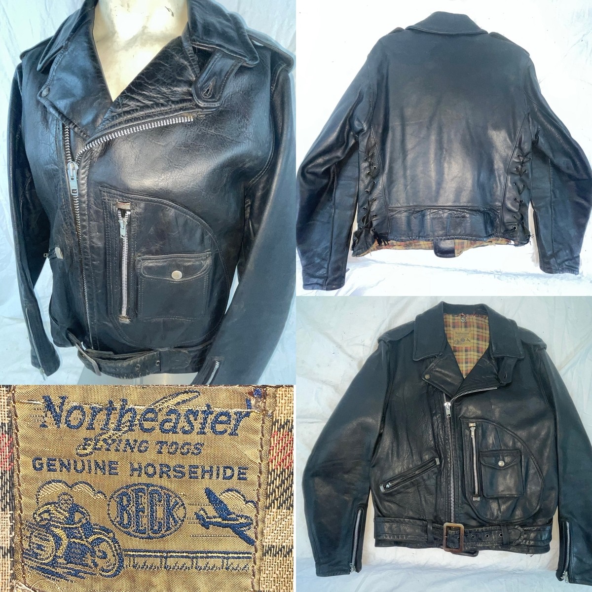 VTG 40S 50S M PLAID LINED BECK NORTHEASTER FLYING TOGS HORSEHIDE