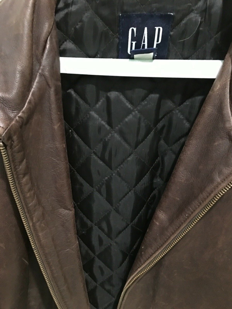 GAP Brown Leather Zip Bomber Motorcycle Jacket 🧥Coat Quilted