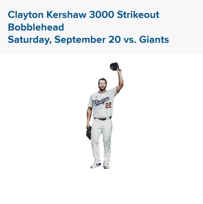 Clayton Kershaw 3000 Strikeout LA Dodgers Bobblehead 9/20/25