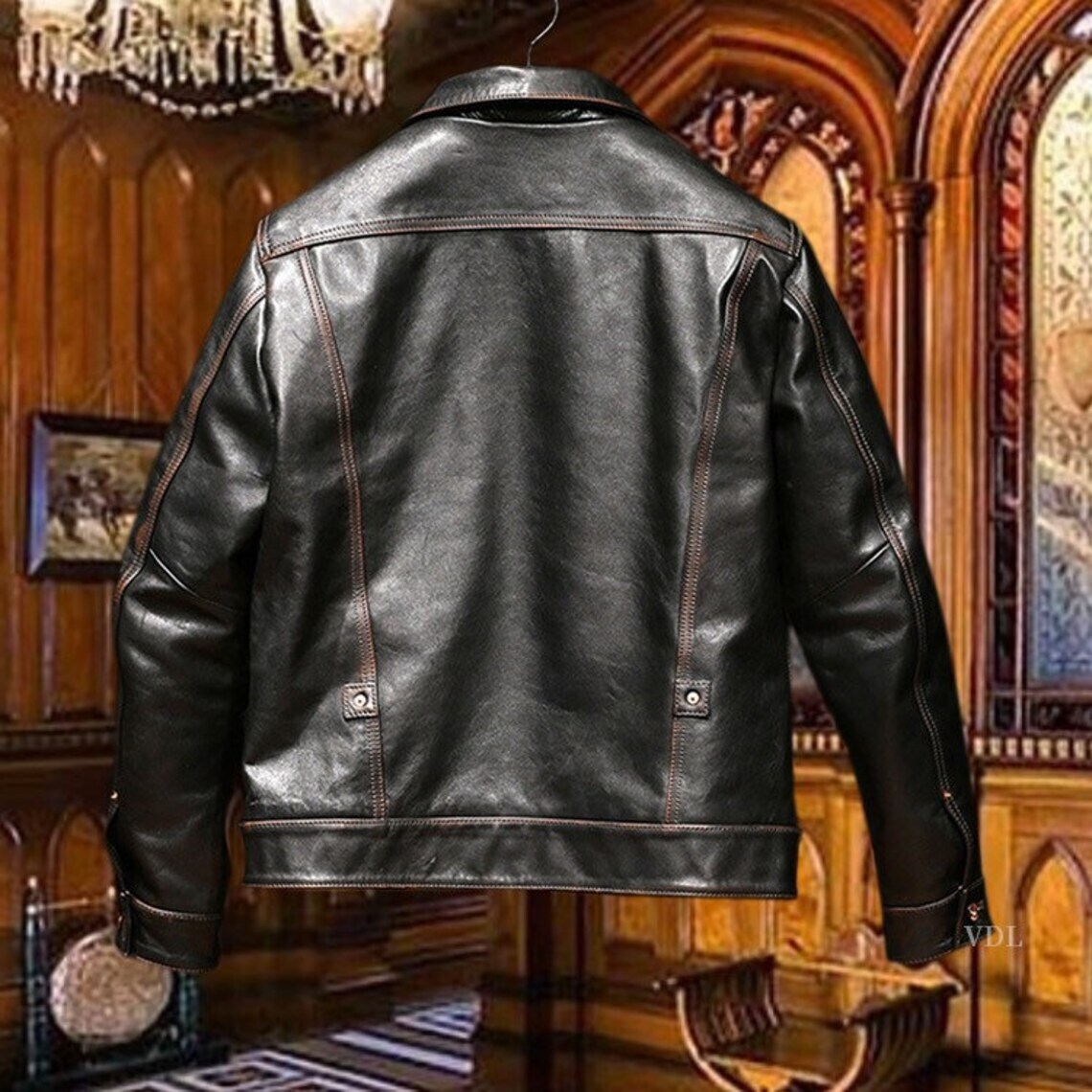 Men's Vintage Style Casual Coat Faded Distressed Black Leather