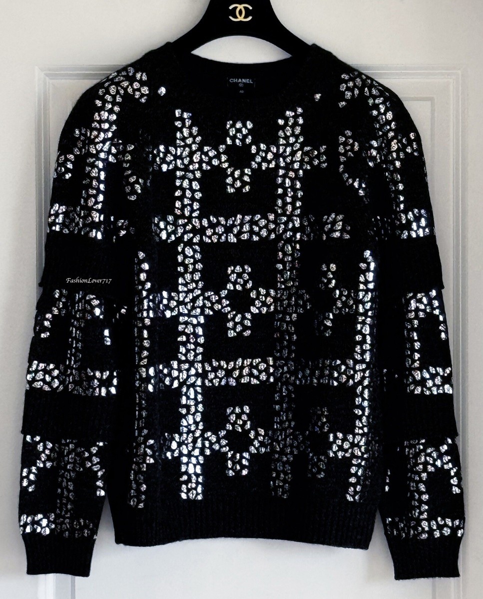 17A CHANEL DARK GREY CASHMERE CC LOGO SEQUINS PULLOVER SWEATER TOP