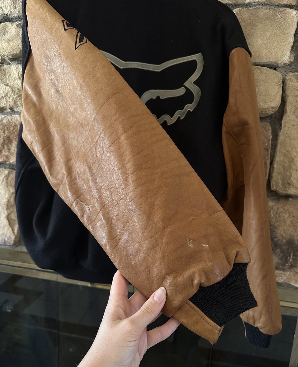 VTG 90s FOX Racing Leather Letterman Jacket Brown Black