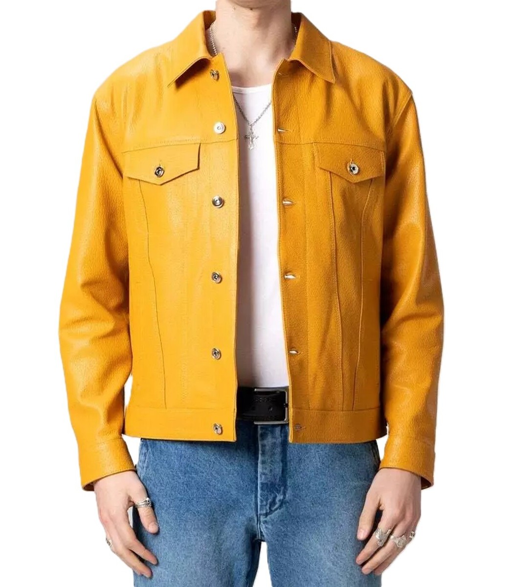 Men's Yellow Leather Trucker Jacket 100% Real Lambskin Denim Style