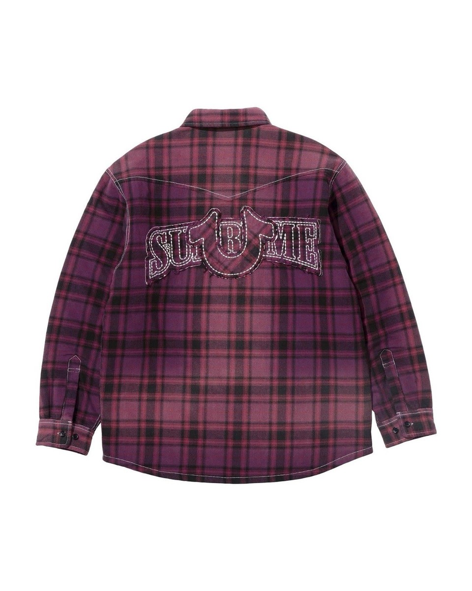 SUPREME®/TRUE RELIGION® QUILTED LINED PLAID FLANNEL SHIRT PURPLE