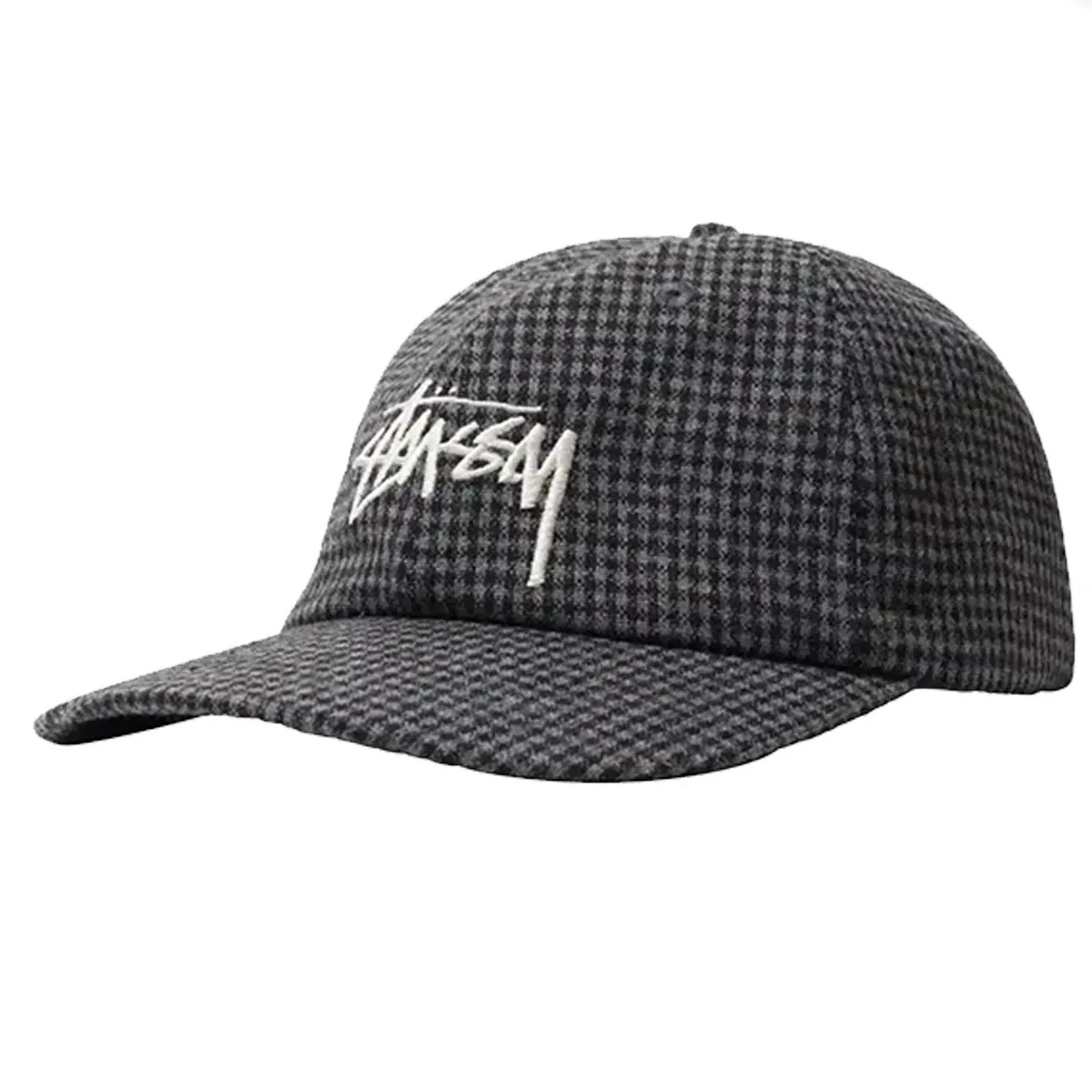STUSSY WOOL CHECK BIG STOCK LOW PRO CHARCOAL CAP HAT One Size