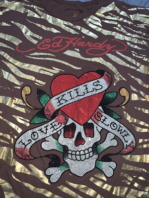 Ed Hardy Y2K Brown Striped Love Kills Slowly Skull Rhinestone