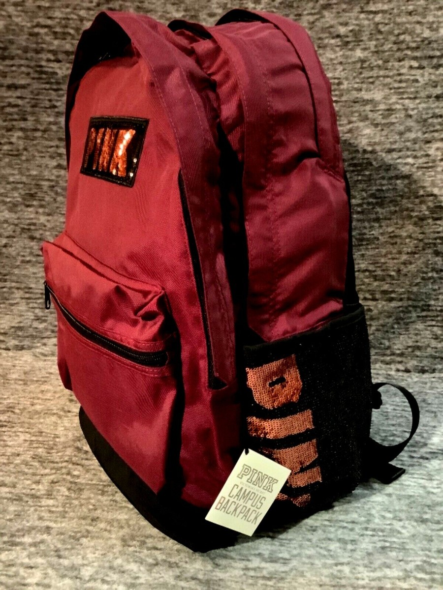 Victoria's Secret Pink Bling Campus Backpack Deep Ruby Rose Gold