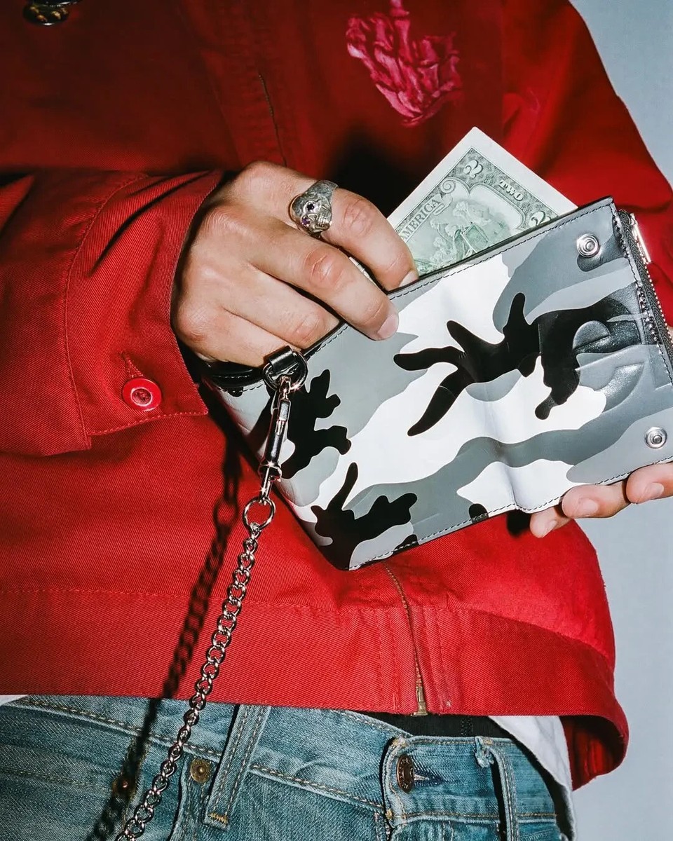 Supreme Leather Chain Wallet 25SS Trifold Black Snow Camo Red
