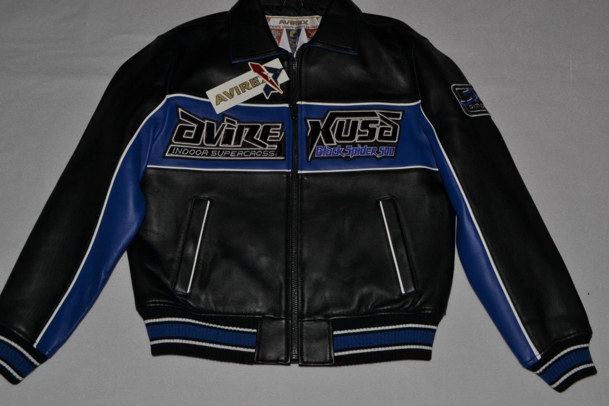 AUTHENTIC Avirex Leather BLACK BLUE SPIDER RACER JACKET MENS NEW