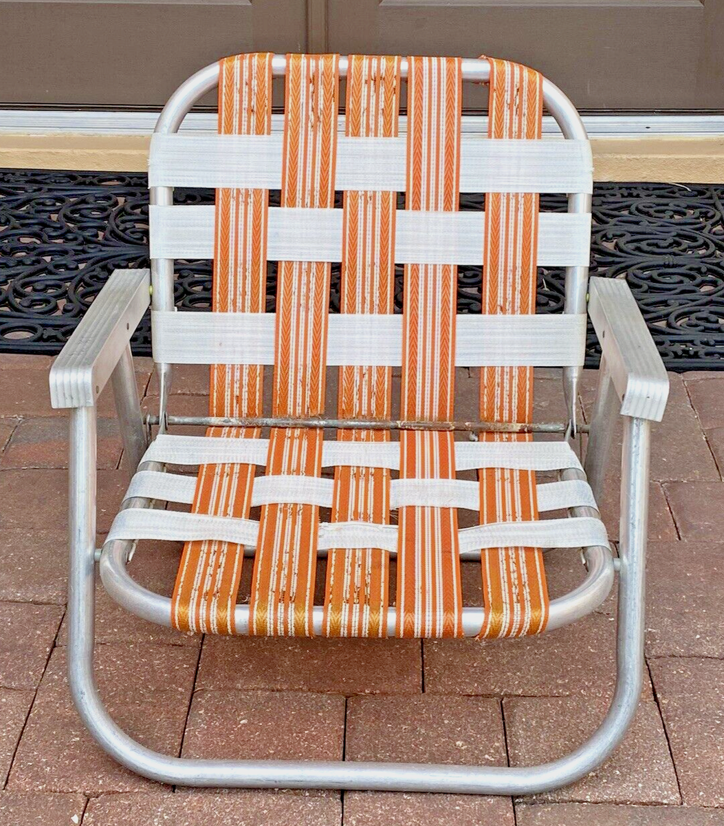 Vintage Webbed Aluminum LOW Folding Beach Lawn Chair Orange White