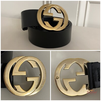 Authentic Gucci Black Calfskin Leather Gold Interlocking G Buckle