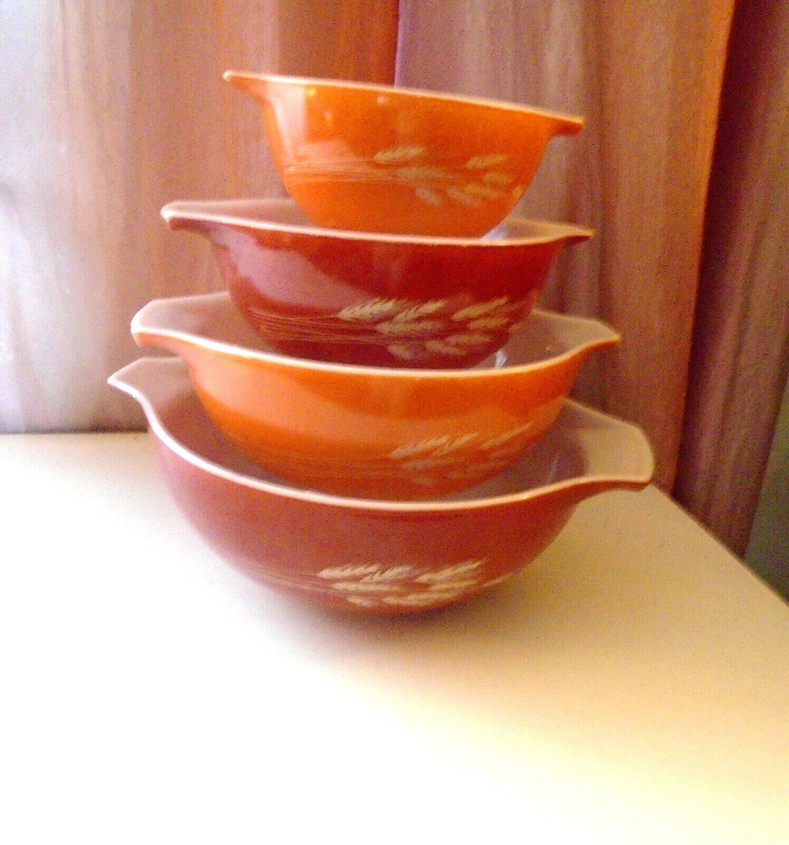 Vtg PYREX Set of 4 Autumn Harvest Wheat Cinderella Nesting Mixing
